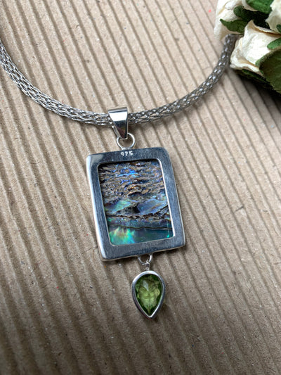 Rectangular Abalone Shell Peridot Pendant in Sterling Silver