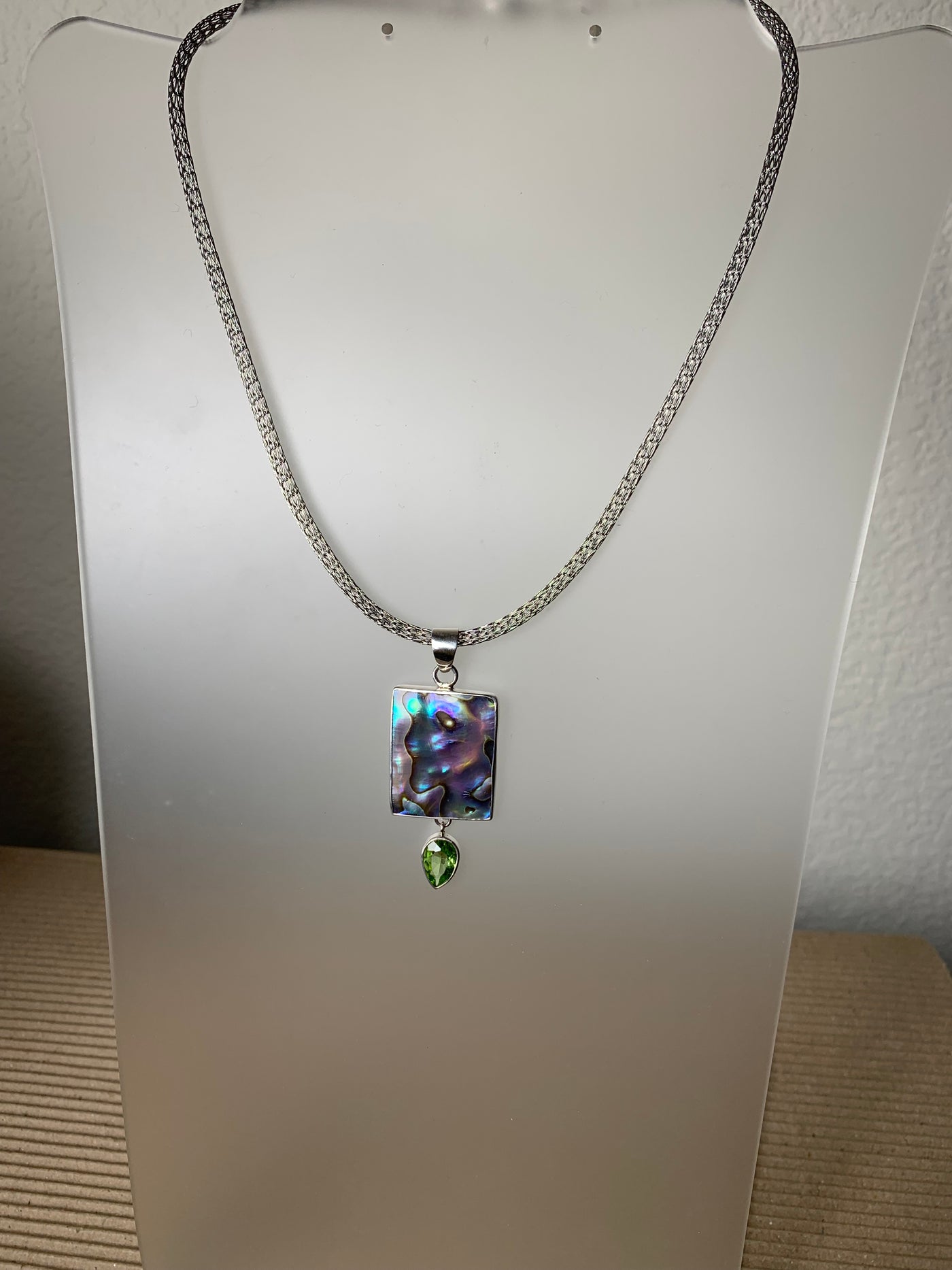 Rectangular Abalone Shell Peridot Pendant in Sterling Silver