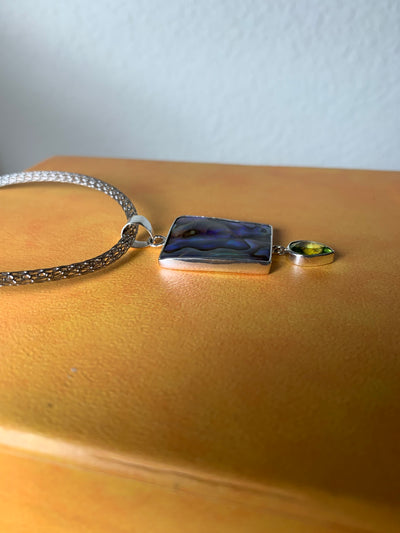 Rectangular Abalone Shell Peridot Pendant in Sterling Silver