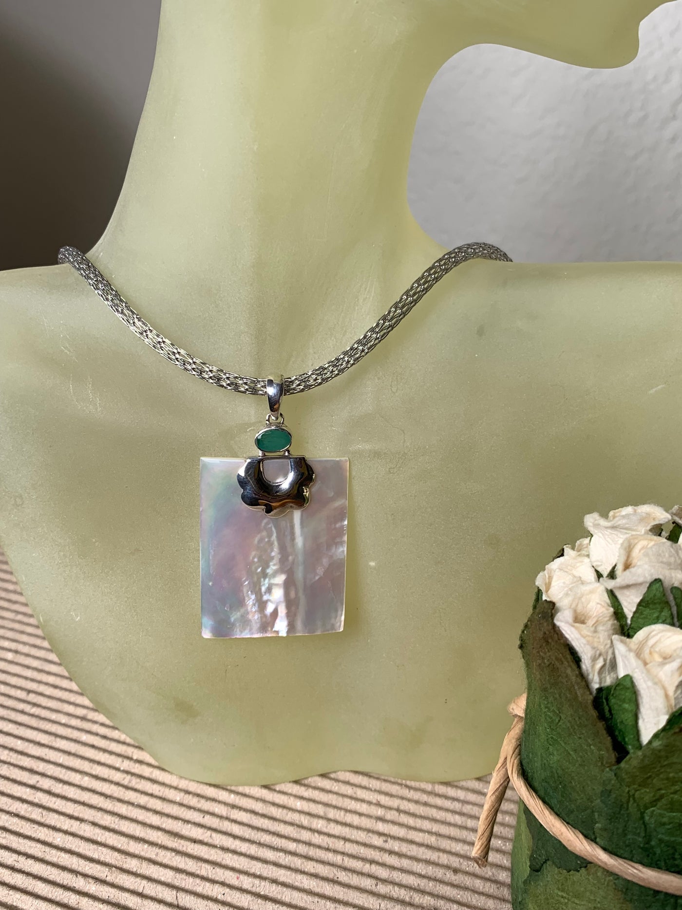 Natural White Shell Pendant with Green Stone Accent in Sterling Silver