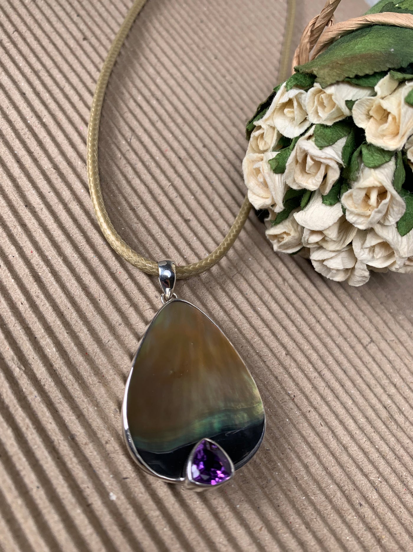 Yellow Black Shell Amethyst Triangle Pendant in Sterling Silver