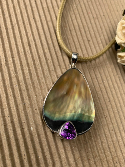 Yellow Black Shell Amethyst Triangle Pendant in Sterling Silver