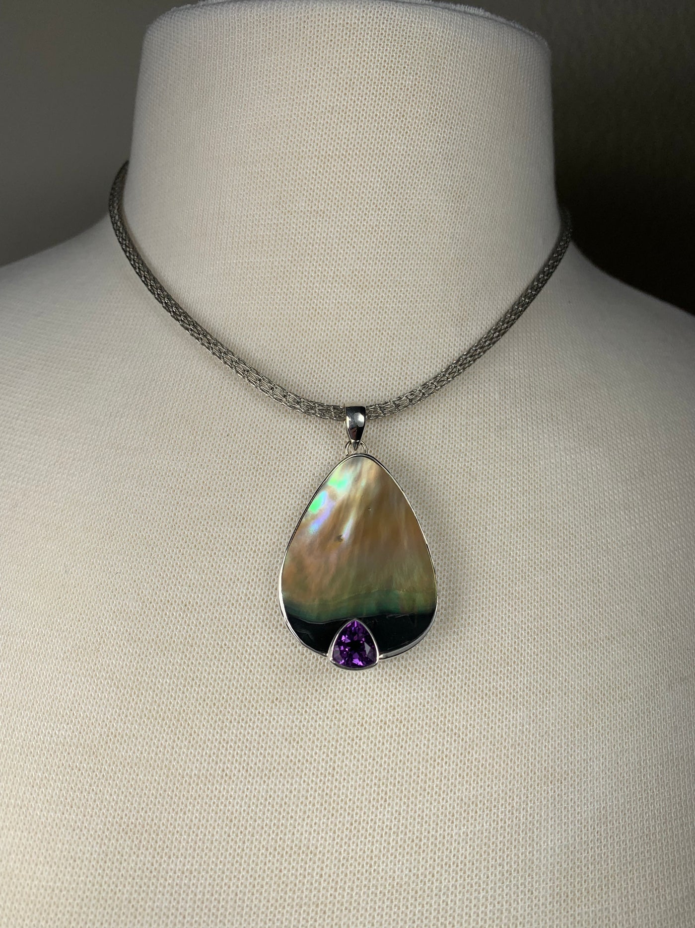 Yellow Black Shell Amethyst Triangle Pendant in Sterling Silver