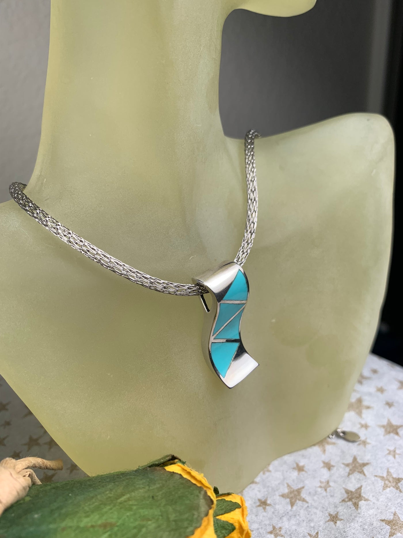 Sterling Silver Slider Pendant with Blue-Green Enamel Inlaid