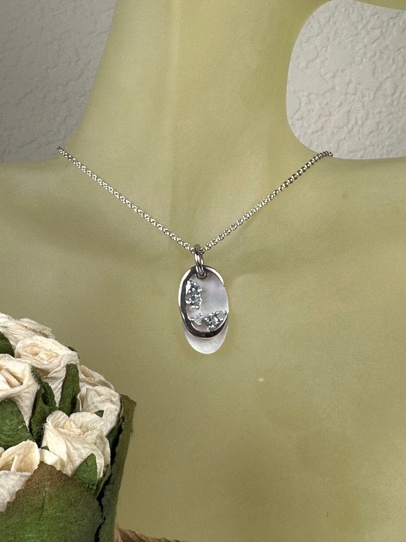 White Shell & Black CZs 2 Layer Pendant in Sterling Silver
