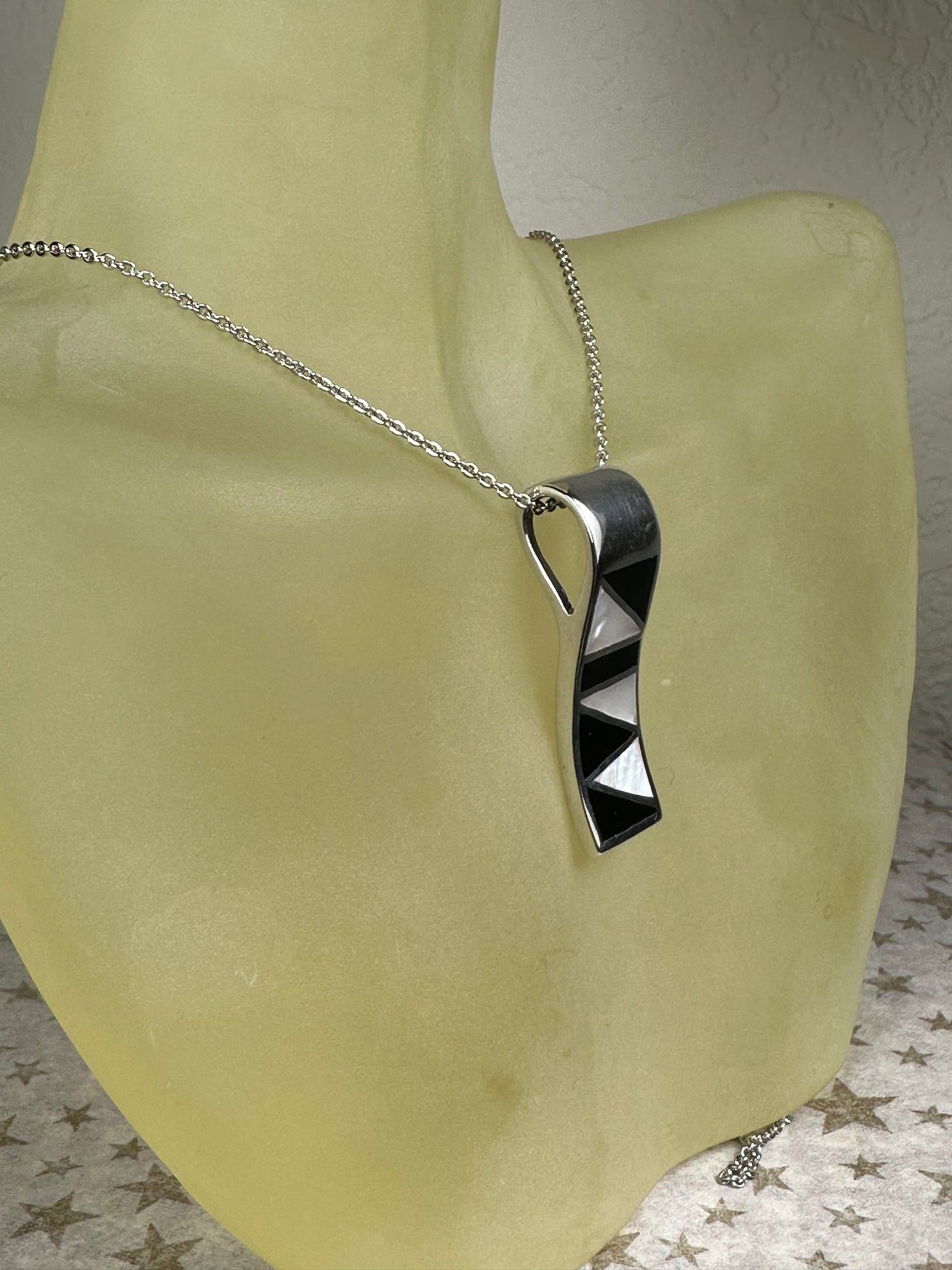 Inlaid White Shell & Onyx Slider Pendant in Sterling Silver