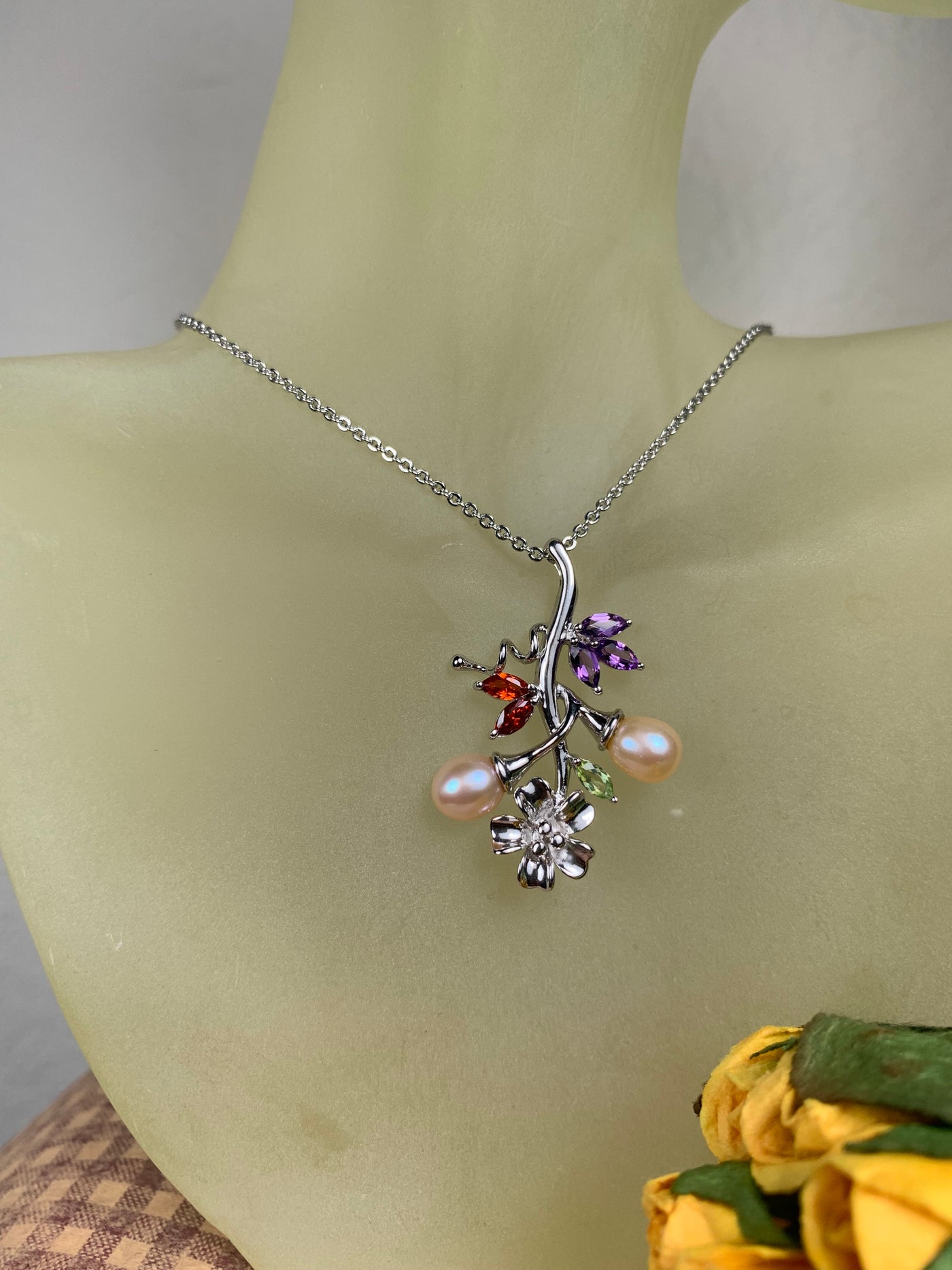 2-Pearl Genuine Pearl Pendant Accented with Amethyst Garnet Peridot in Silver