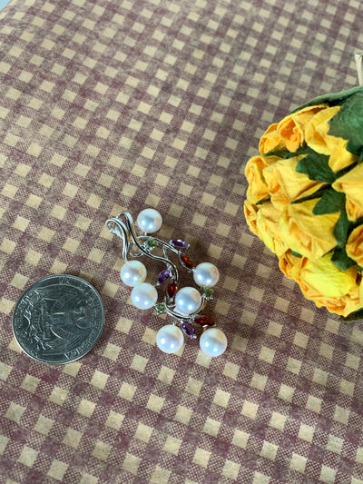 Genuine 7 Pearls Pendant with Amethyst Garnet Peridot in Silver