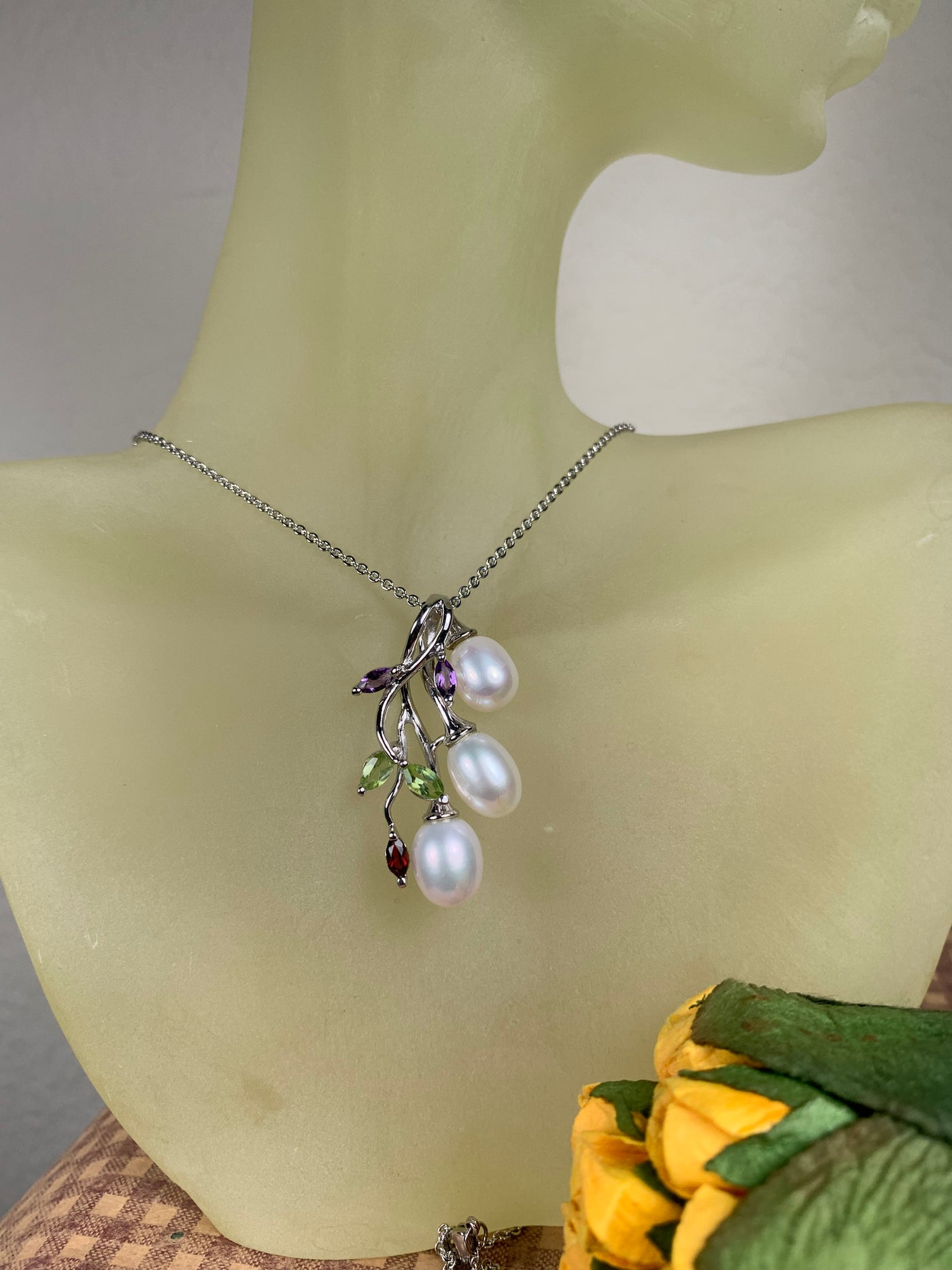 3 Oval Fresh Water Peal Pendant with Amethyst Garnet Peridot Accent in Silver