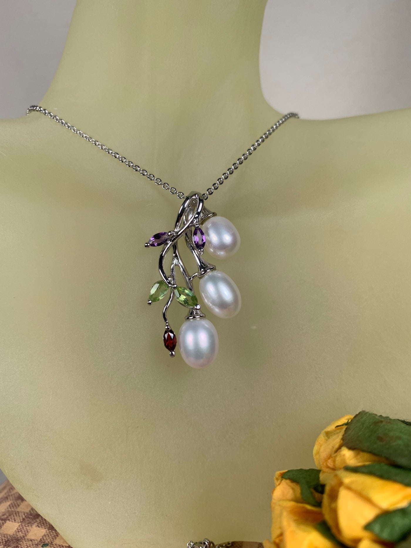 3 Oval Fresh Water Peal Pendant with Amethyst Garnet Peridot Accent in Silver