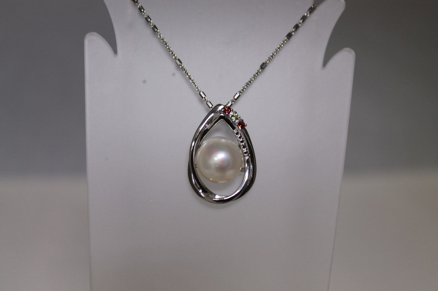 14mm white pearl and gems pendant set in Sterling Silver