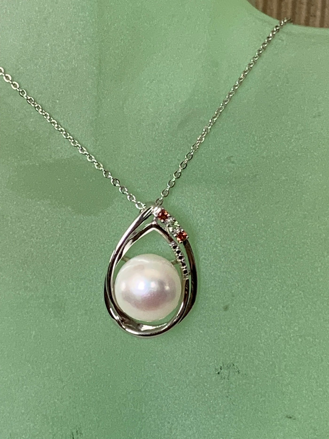 12mm Genuine Round Pearl with Garnet Peridot Accent Pendant in Silver