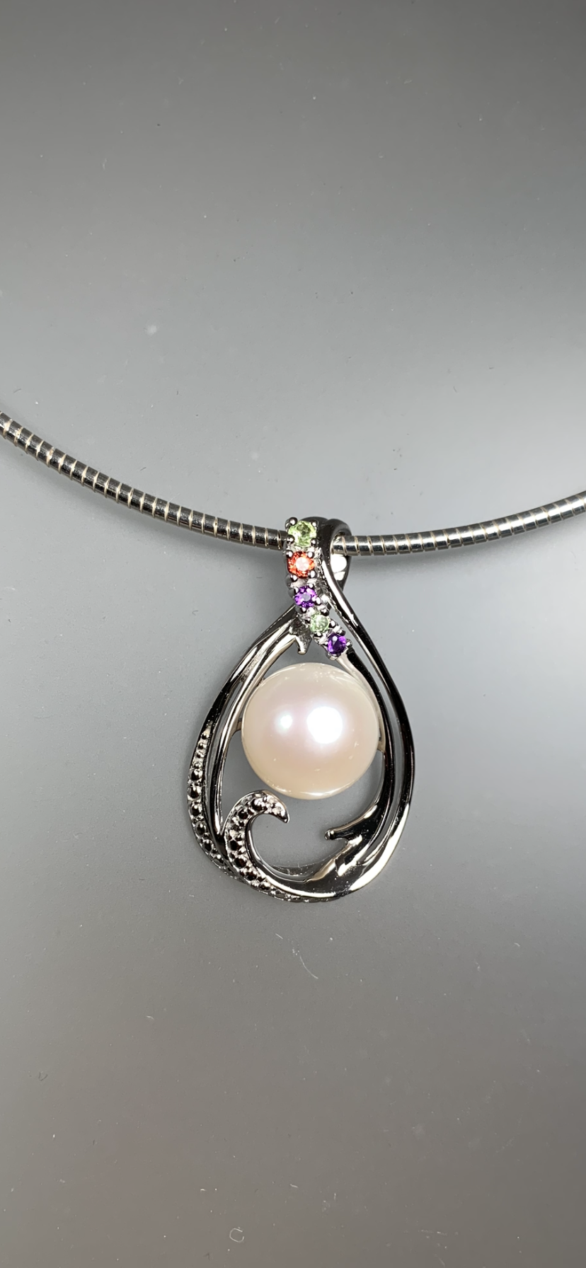 12mm Genuine Round Pearl with Garnet Peridot Accent Pendant in Silver