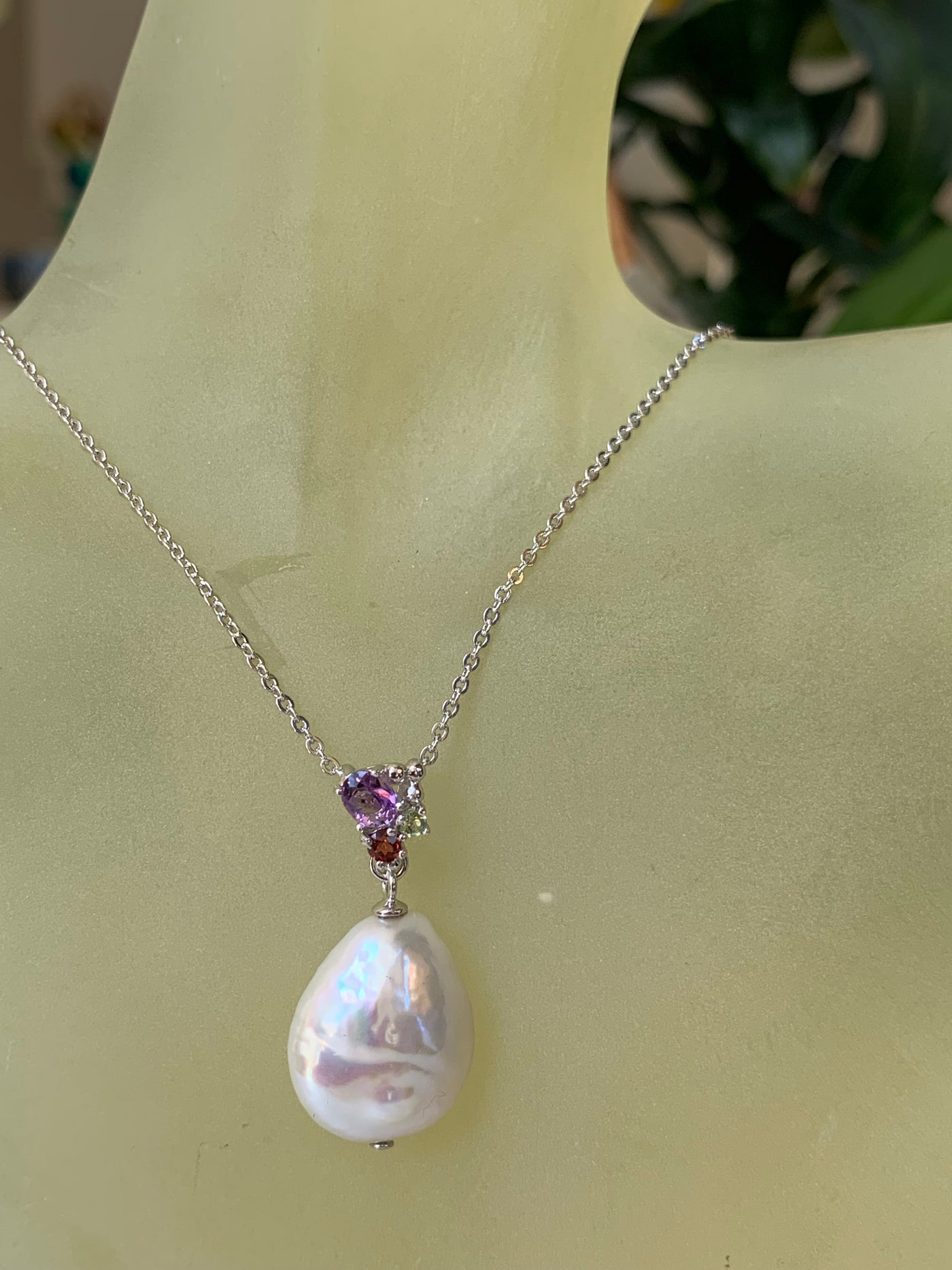 Coin Pearl Pendant with Amethyst Garnet Peridot Accent in Silver