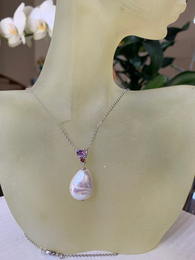 Coin Pearl Pendant with Amethyst Garnet Peridot Accent in Silver