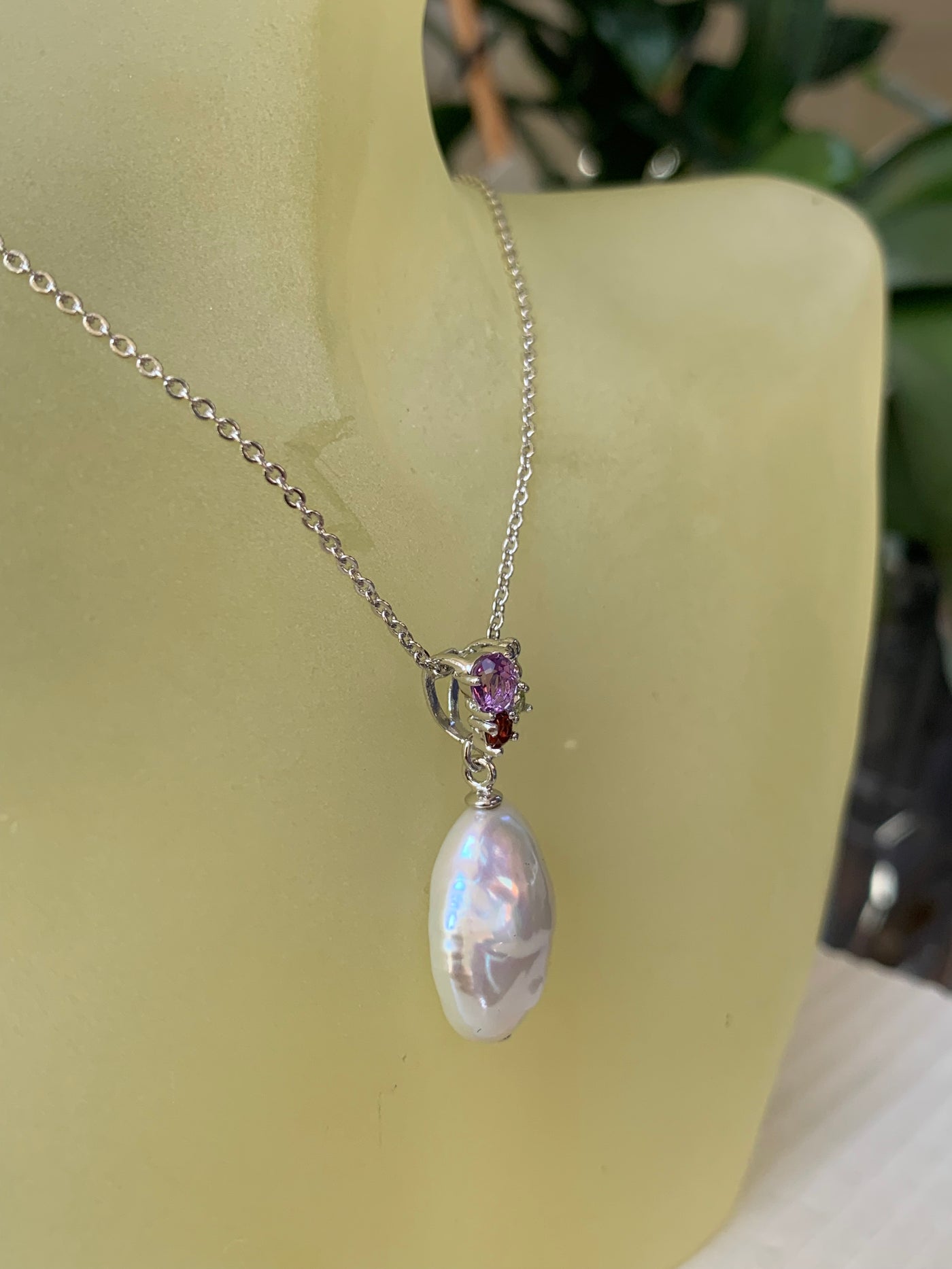 Coin Pearl Pendant with Amethyst Garnet Peridot Accent in Silver