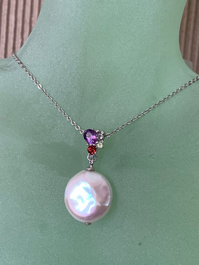 Coin Pearl Pendant with Amethyst Garnet Peridot Accent in Silver