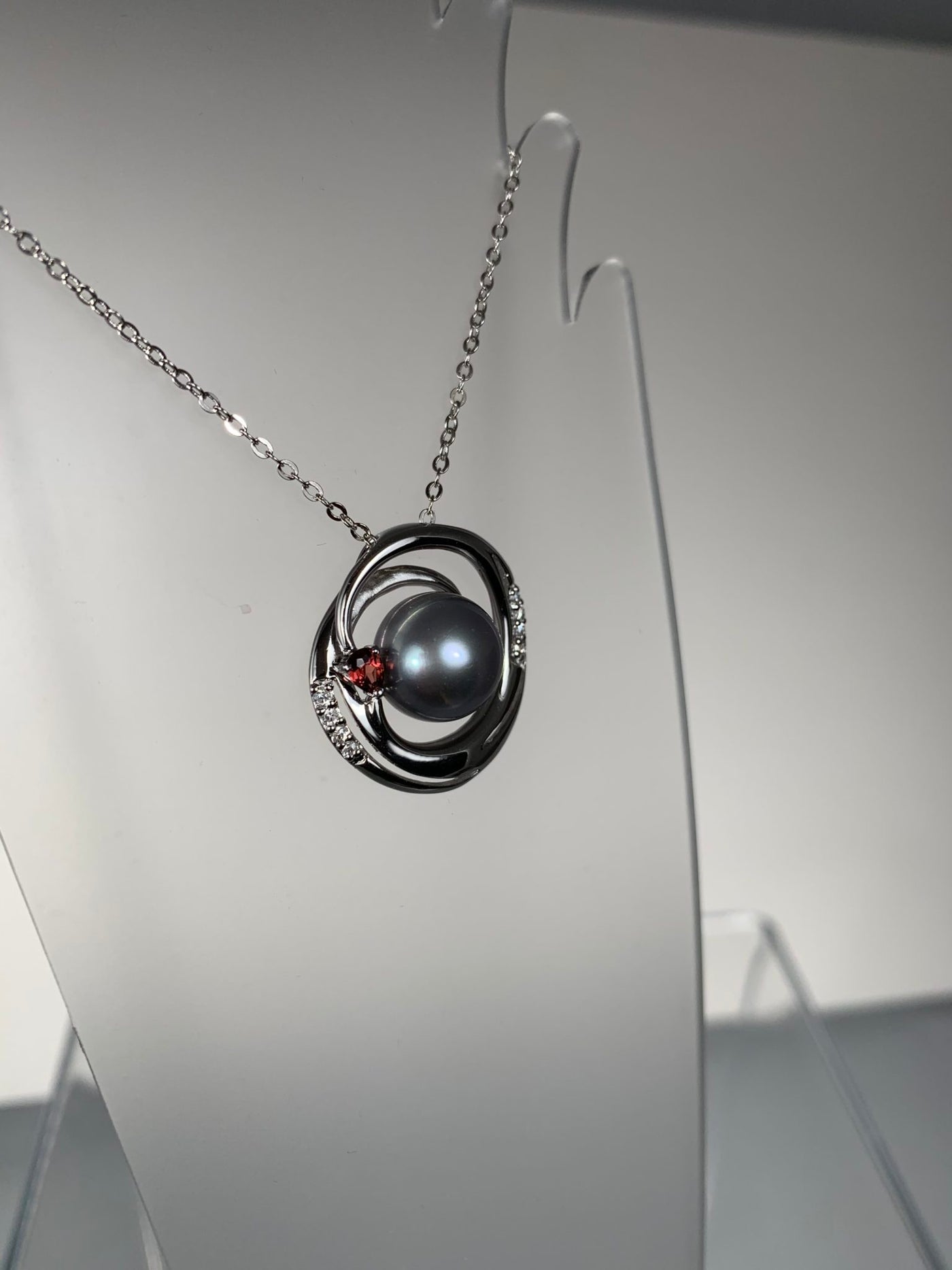 Gray Pearl and Garnet Sterling Silver Pendant