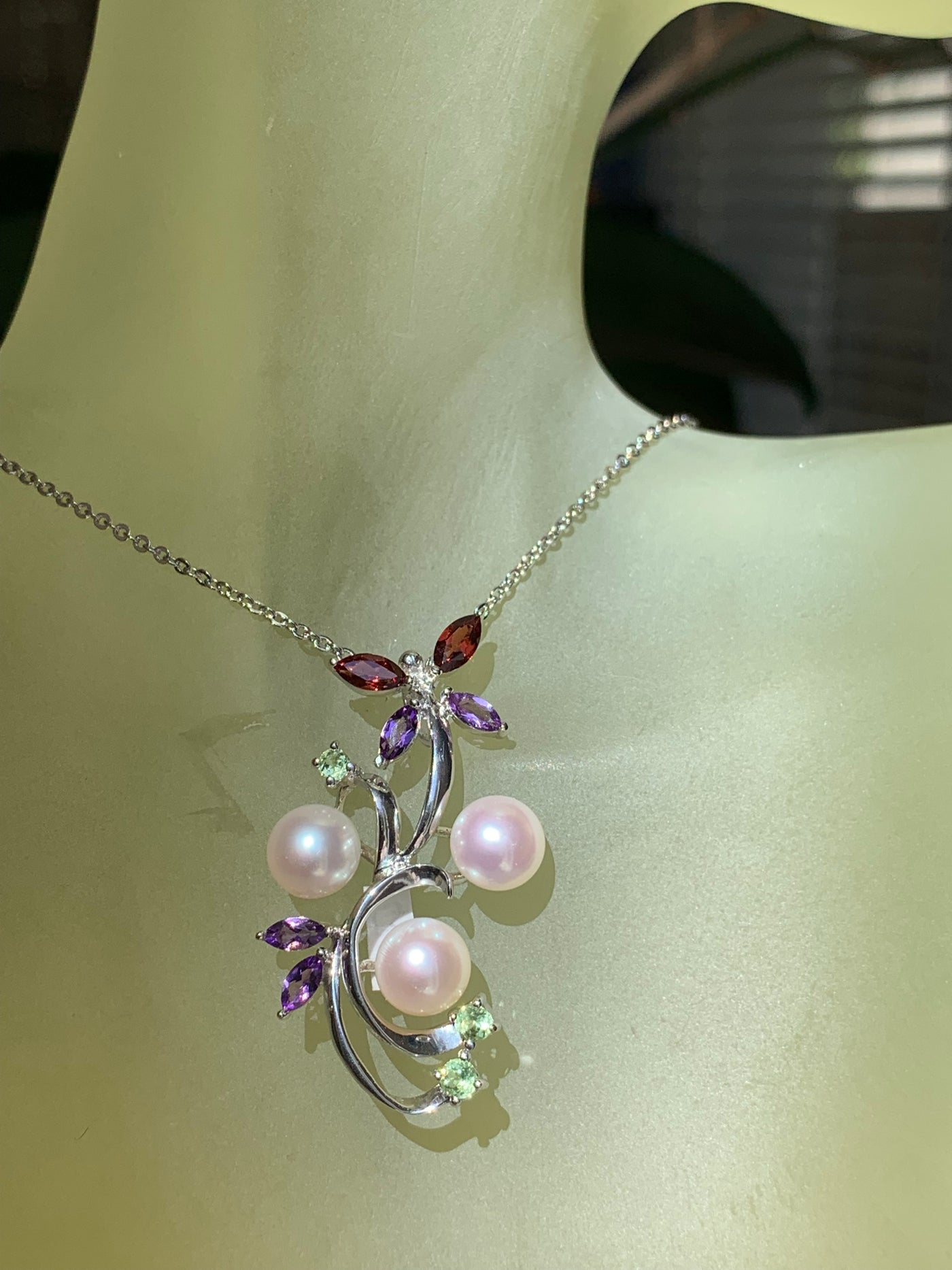 3 Round Genuine Pearl Pendant with Amethyst, Garnet & Peridot Gems Accent in Silver