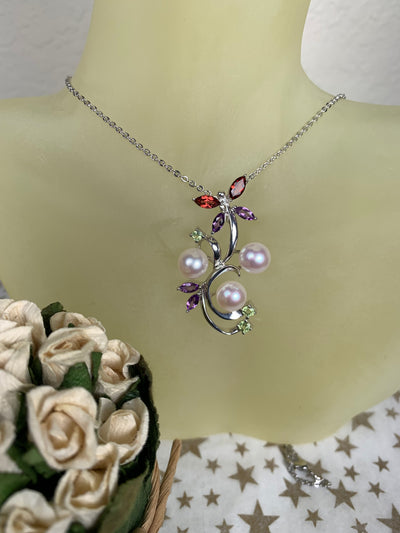3 Round Genuine Pearl Pendant with Amethyst, Garnet & Peridot Gems Accent in Silver