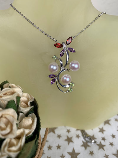 3 Round Genuine Pearl Pendant with Amethyst, Garnet & Peridot Gems Accent in Silver