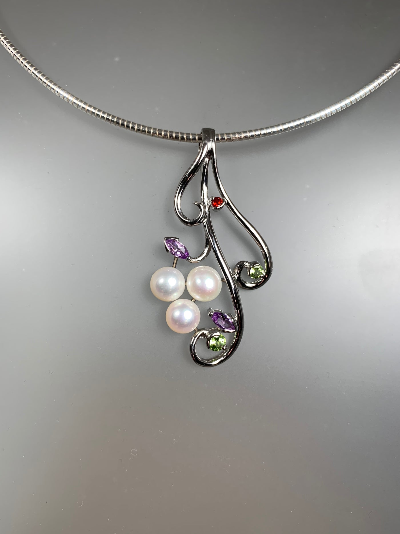 Curly Vine Triple Pearls Pendant with Amethyst Garnet Peridot Accent in Silver