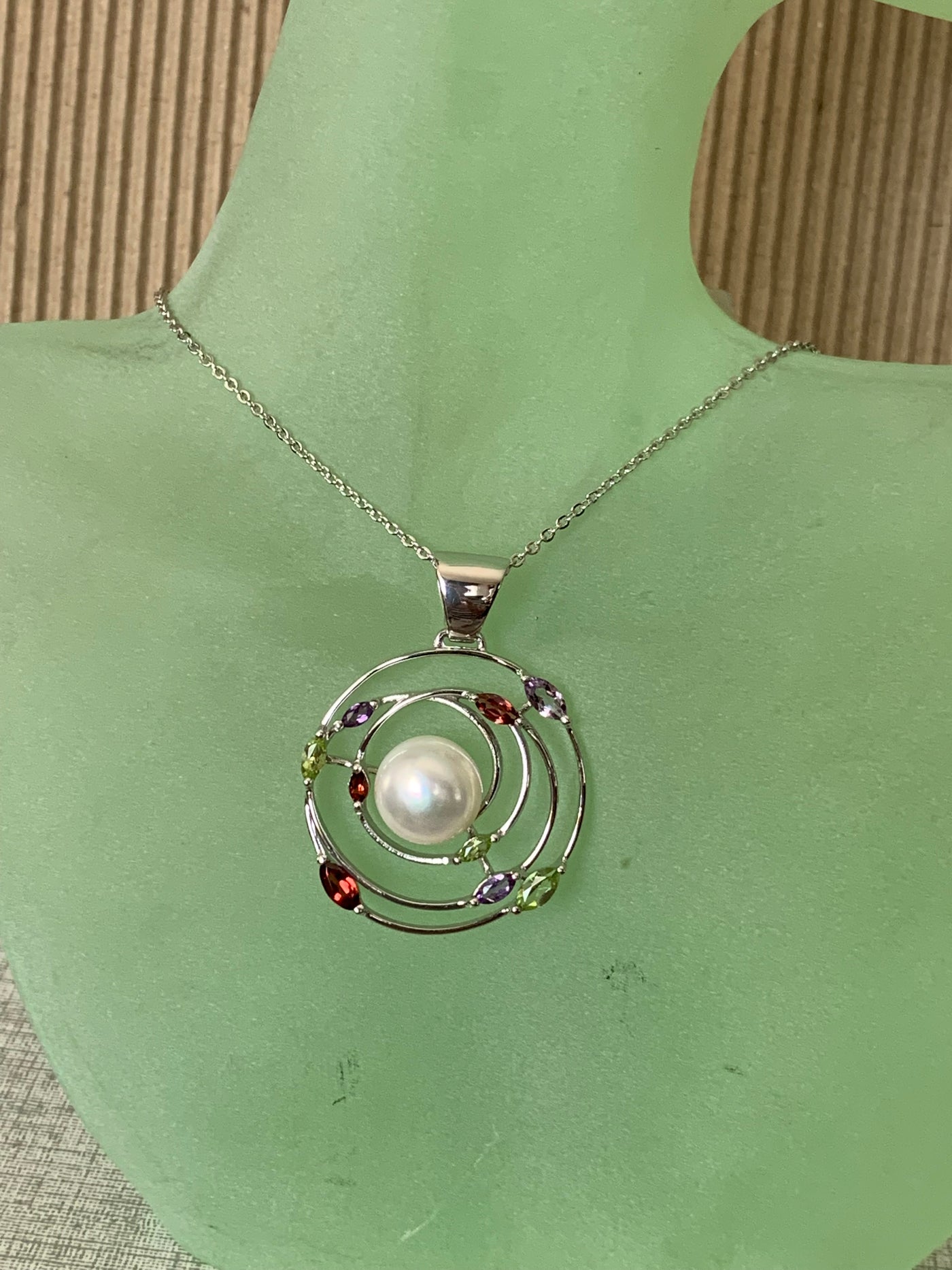 Orbit Pearl Pendant with Amethyst Garnet Peridot Gems Accent in Silver