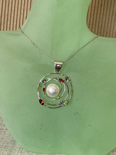 Orbit Pearl Pendant with Amethyst Garnet Peridot Gems Accent in Silver