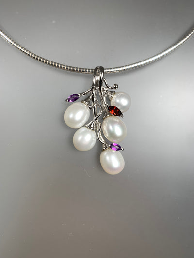 Cluster 5 Genuine Pearls & Amethyst Garnet Accent Pendant in Silver