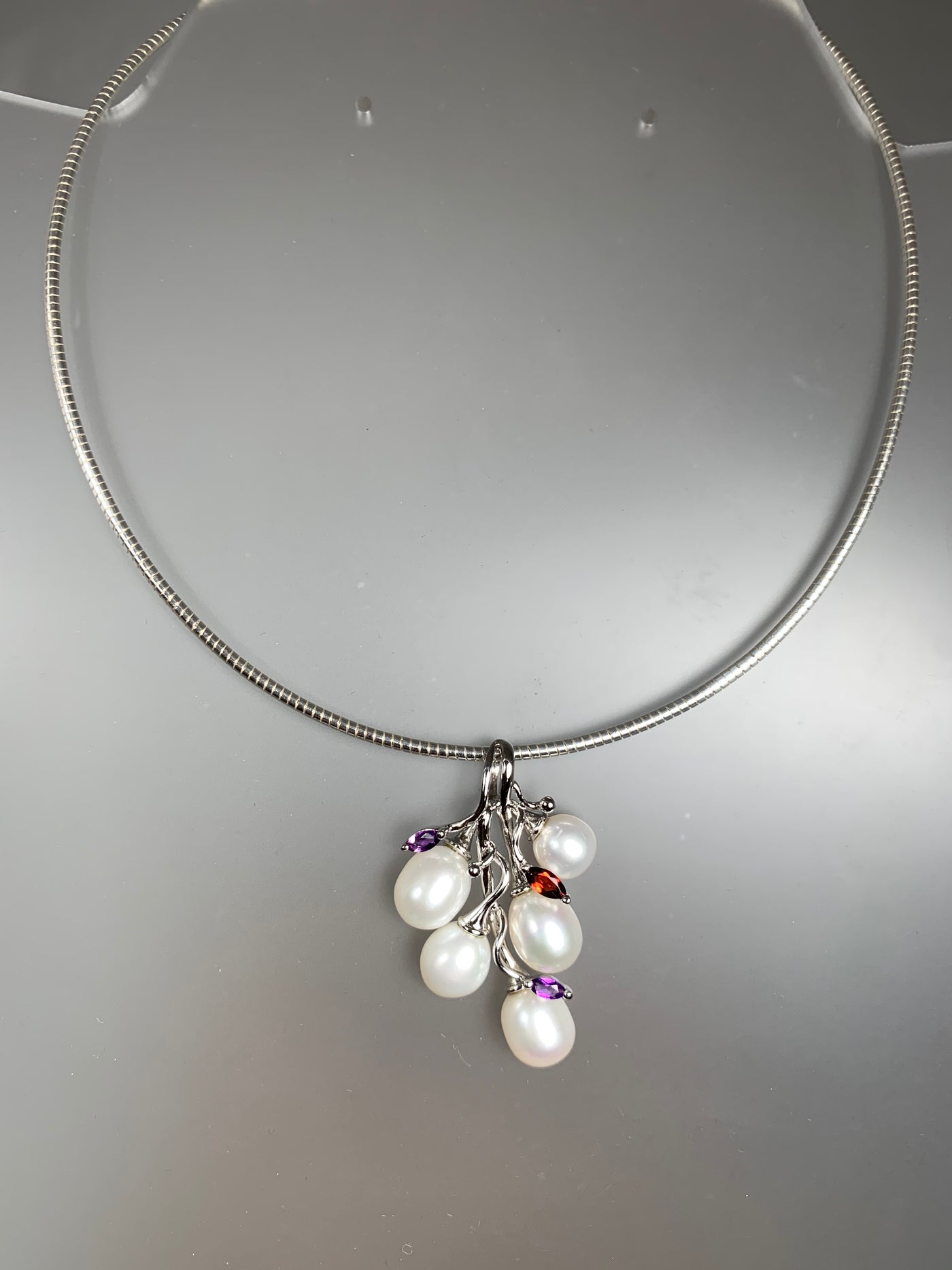 Cluster 5 Genuine Pearls & Amethyst Garnet Accent Pendant in Silver