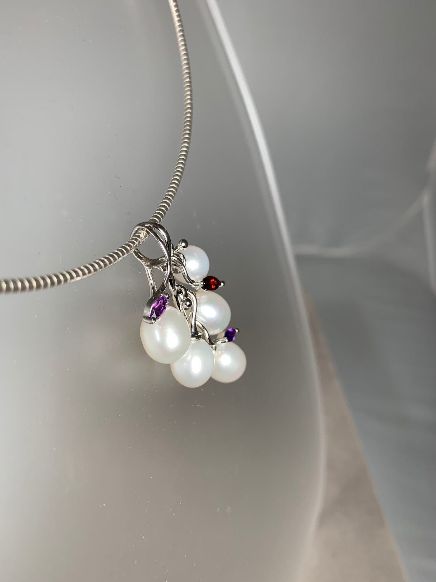 Cluster 5 Genuine Pearls & Amethyst Garnet Accent Pendant in Silver