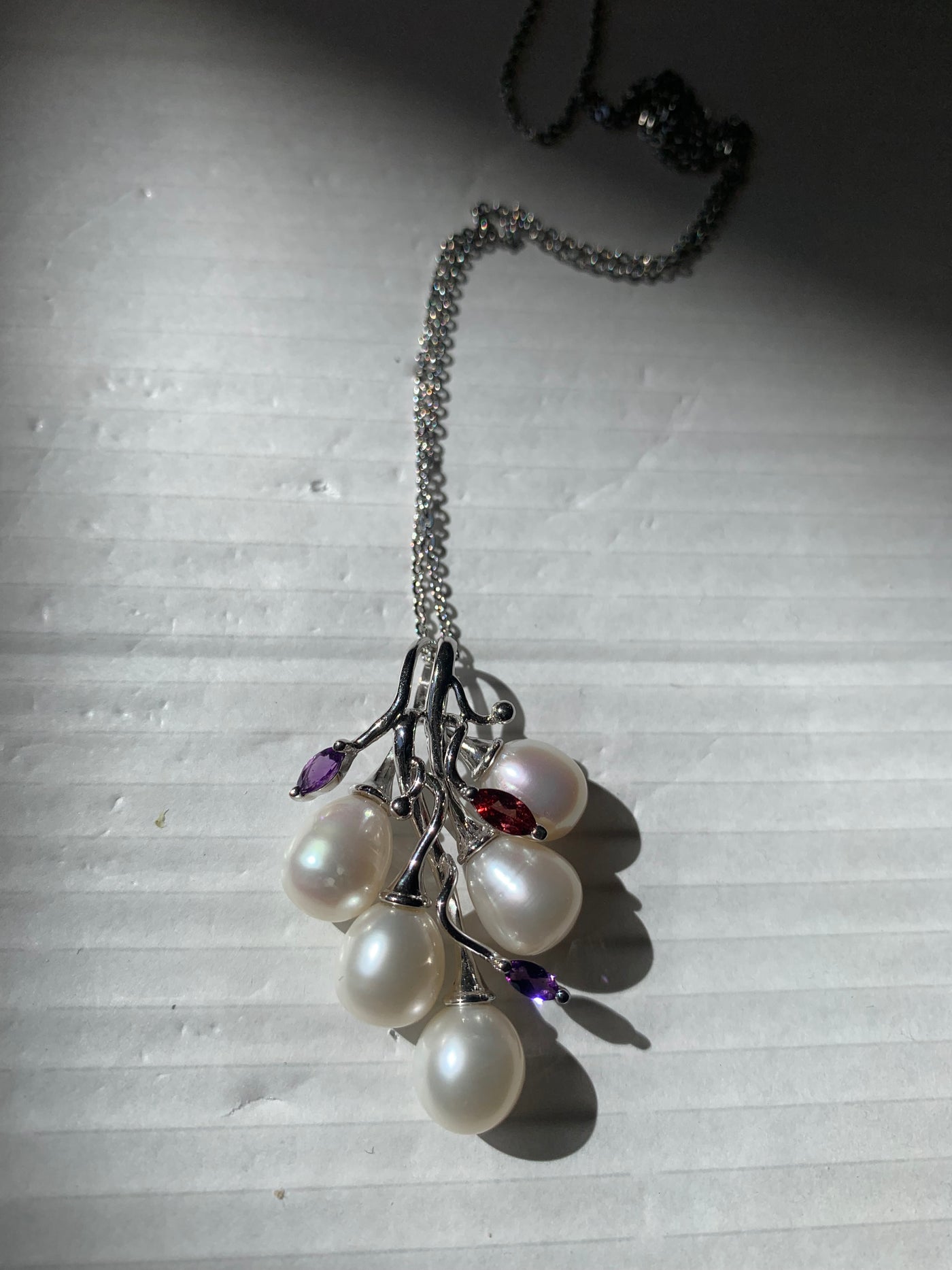 Cluster 5 Genuine Pearls & Amethyst Garnet Accent Pendant in Silver