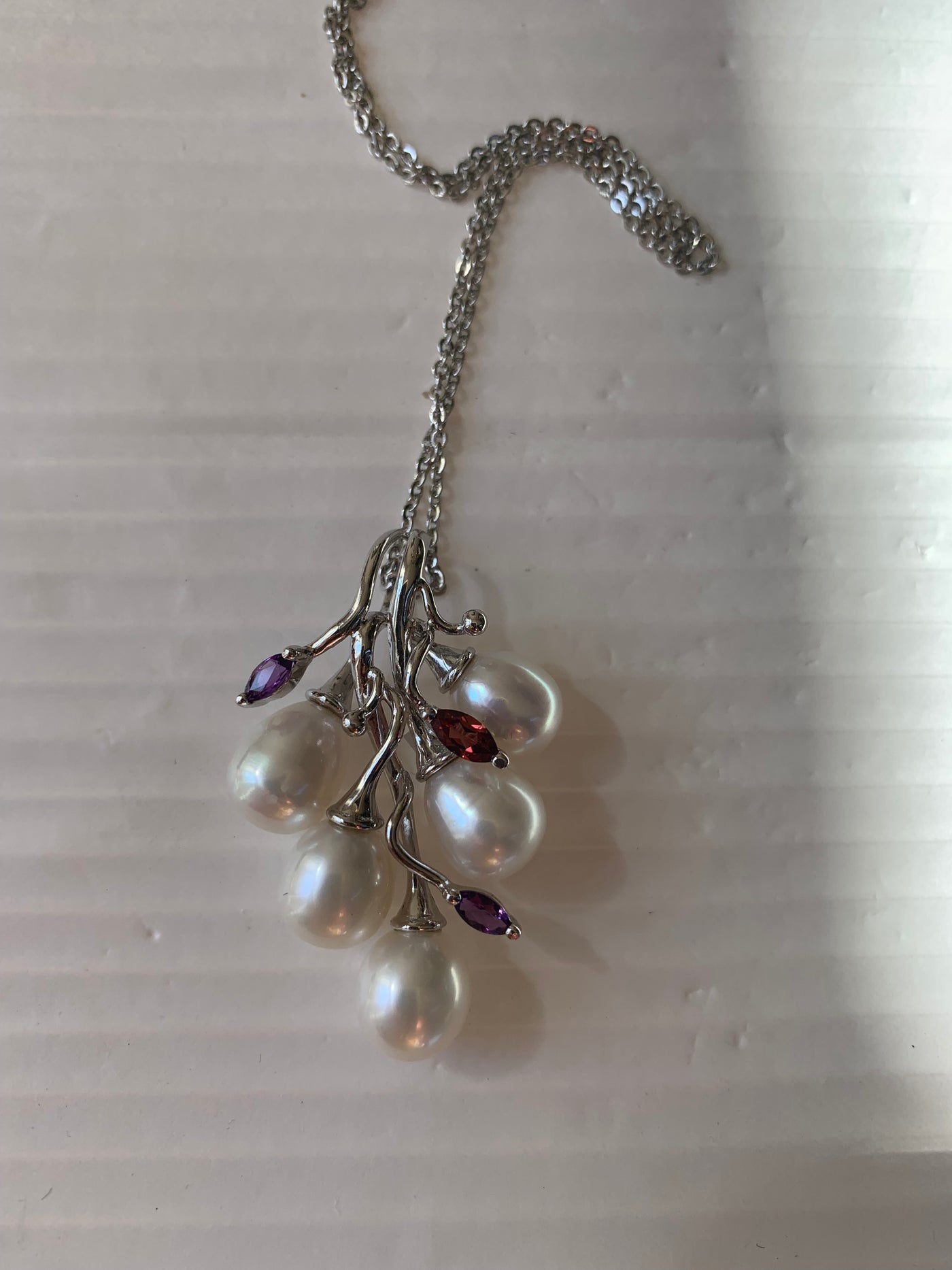 Cluster 5 Genuine Pearls & Amethyst Garnet Accent Pendant in Silver