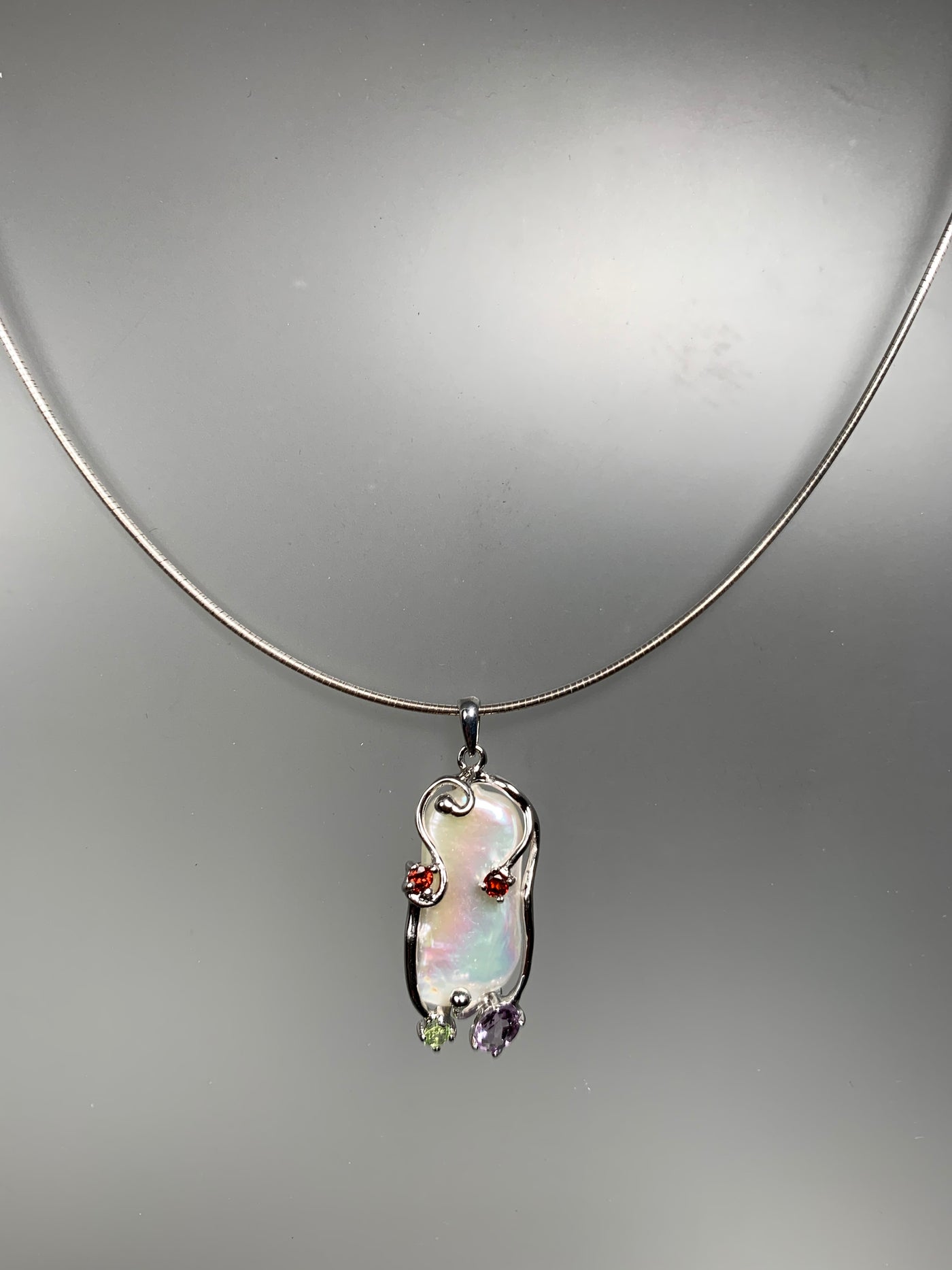 Rectangular Pearl Pendant with Amethyst Garnet Peridot Accent in Silver
