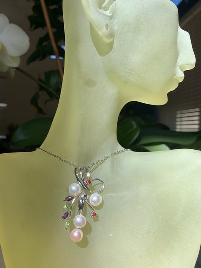 Artistic Genuine Pearl Pendant Accented with Amethyst Garnet Peridot in Silver