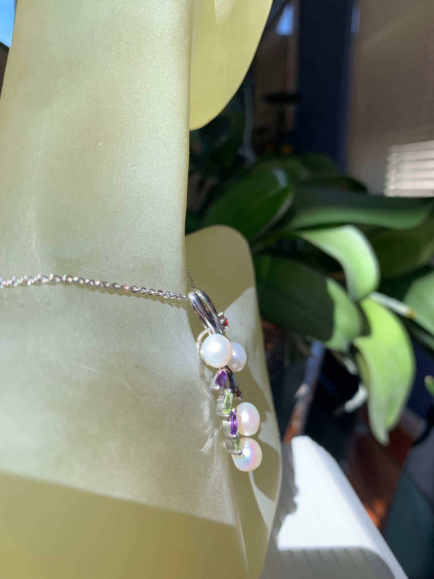 Artistic Genuine Pearl Pendant Accented with Amethyst Garnet Peridot in Silver