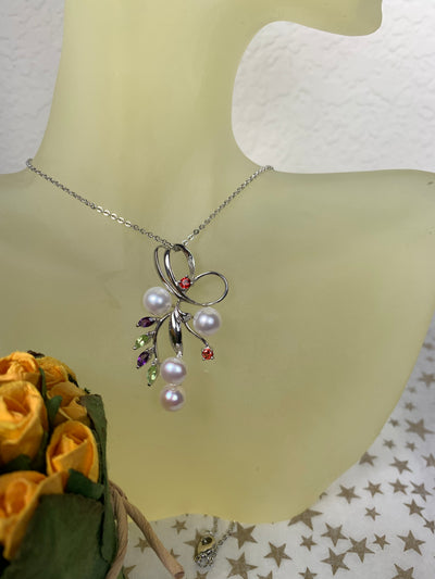 Artistic Genuine Pearl Pendant Accented with Amethyst Garnet Peridot in Silver