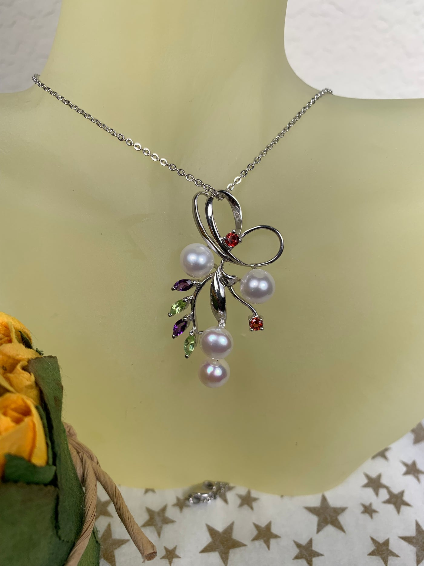 Artistic Genuine Pearl Pendant Accented with Amethyst Garnet Peridot in Silver