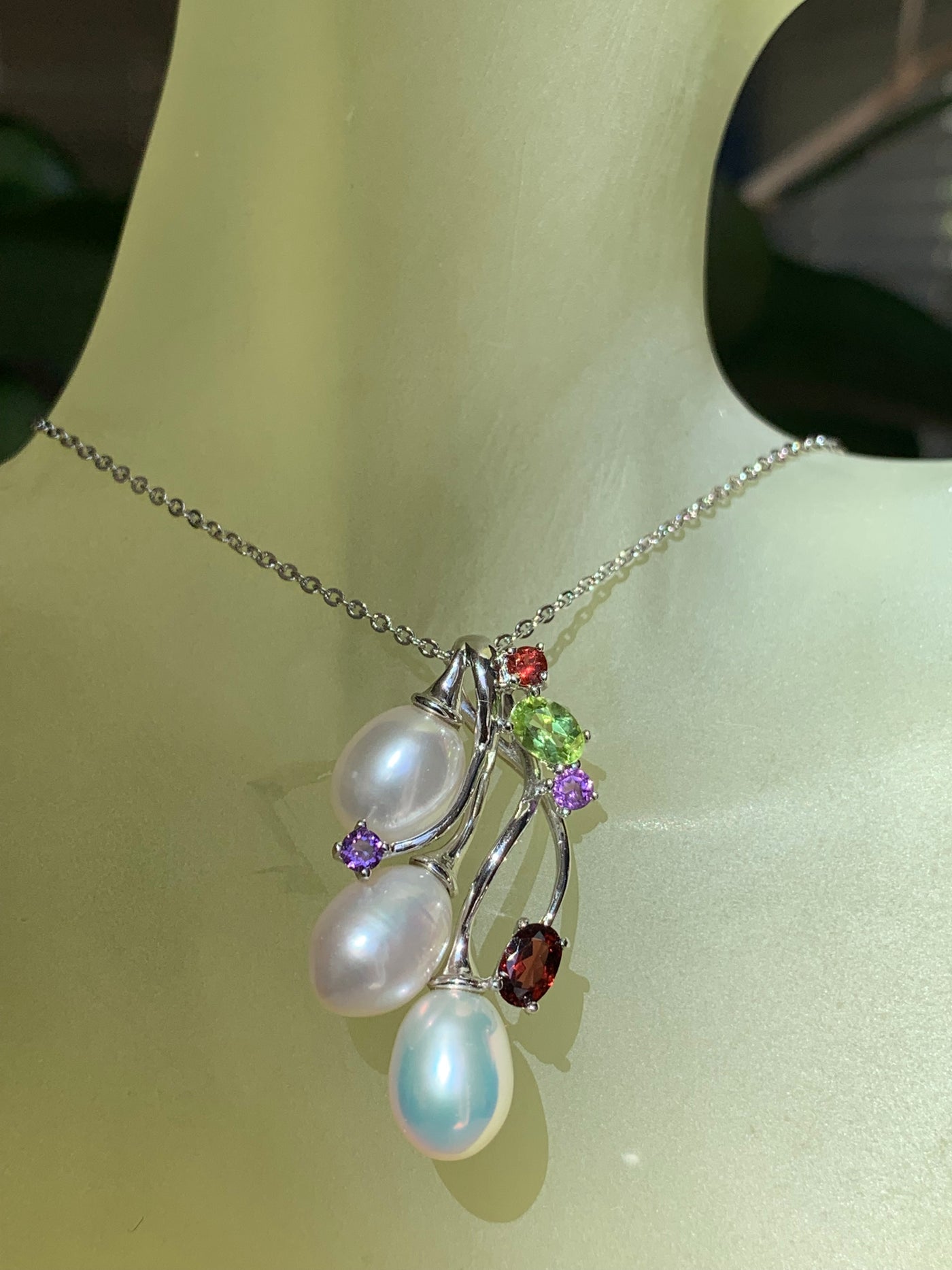 3 Oval Pearl Pendant with Amethyst Garnet Peridot Accent in Silver