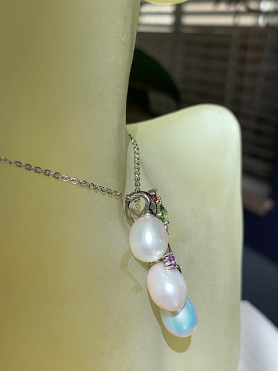 3 Oval Pearl Pendant with Amethyst Garnet Peridot Accent in Silver