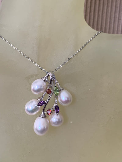 Pearl a Bunch Pendant with Peridot Garnet Amethyst accents in Silver