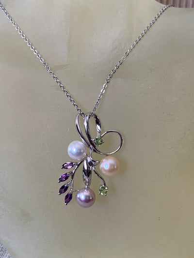 Multi Colors Pearl Pendant with Amethyst Peridot Accent in Silver