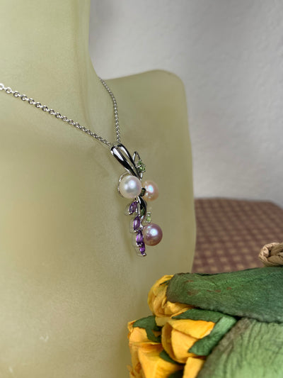 Multi Colors Pearl Pendant with Amethyst Peridot Accent in Silver