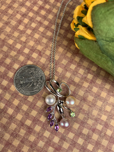 Multi Colors Pearl Pendant with Amethyst Peridot Accent in Silver