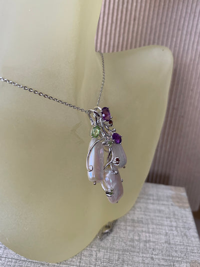 3 Rectangular Pearl Pendant with Amethyst Garnet Peridot Accent in Silver