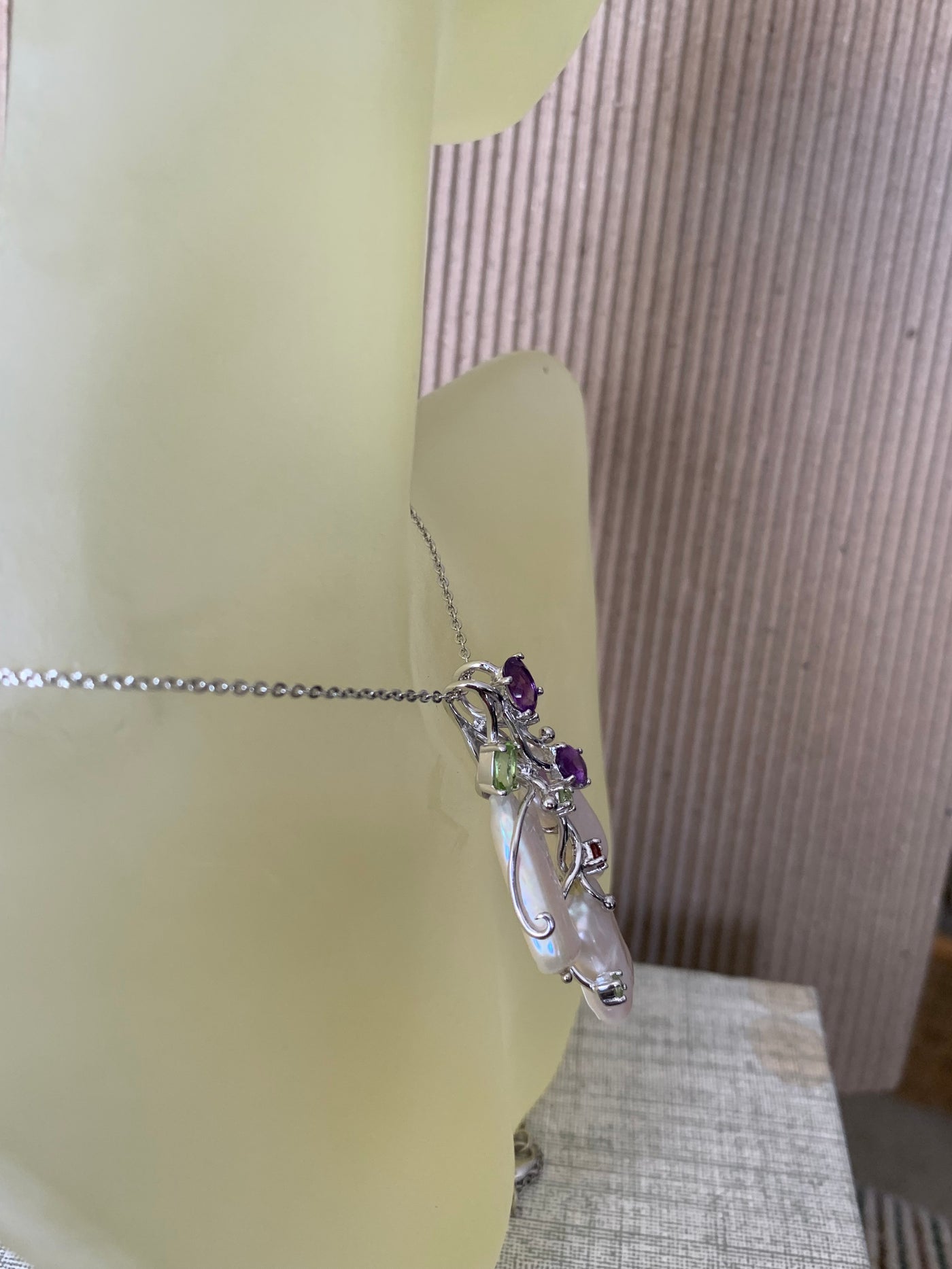 3 Rectangular Pearl Pendant with Amethyst Garnet Peridot Accent in Silver