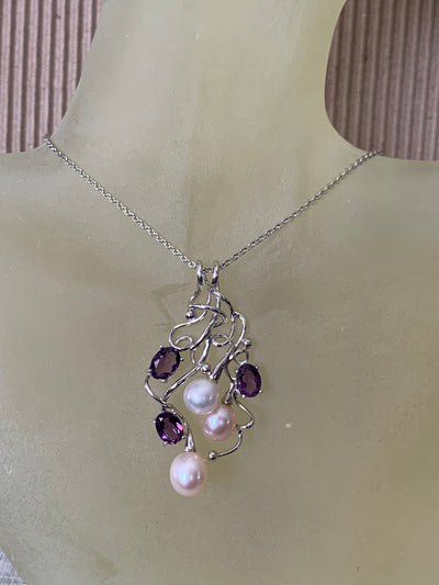 Mixed Color Pearl and Amethyst Pendant in Silver