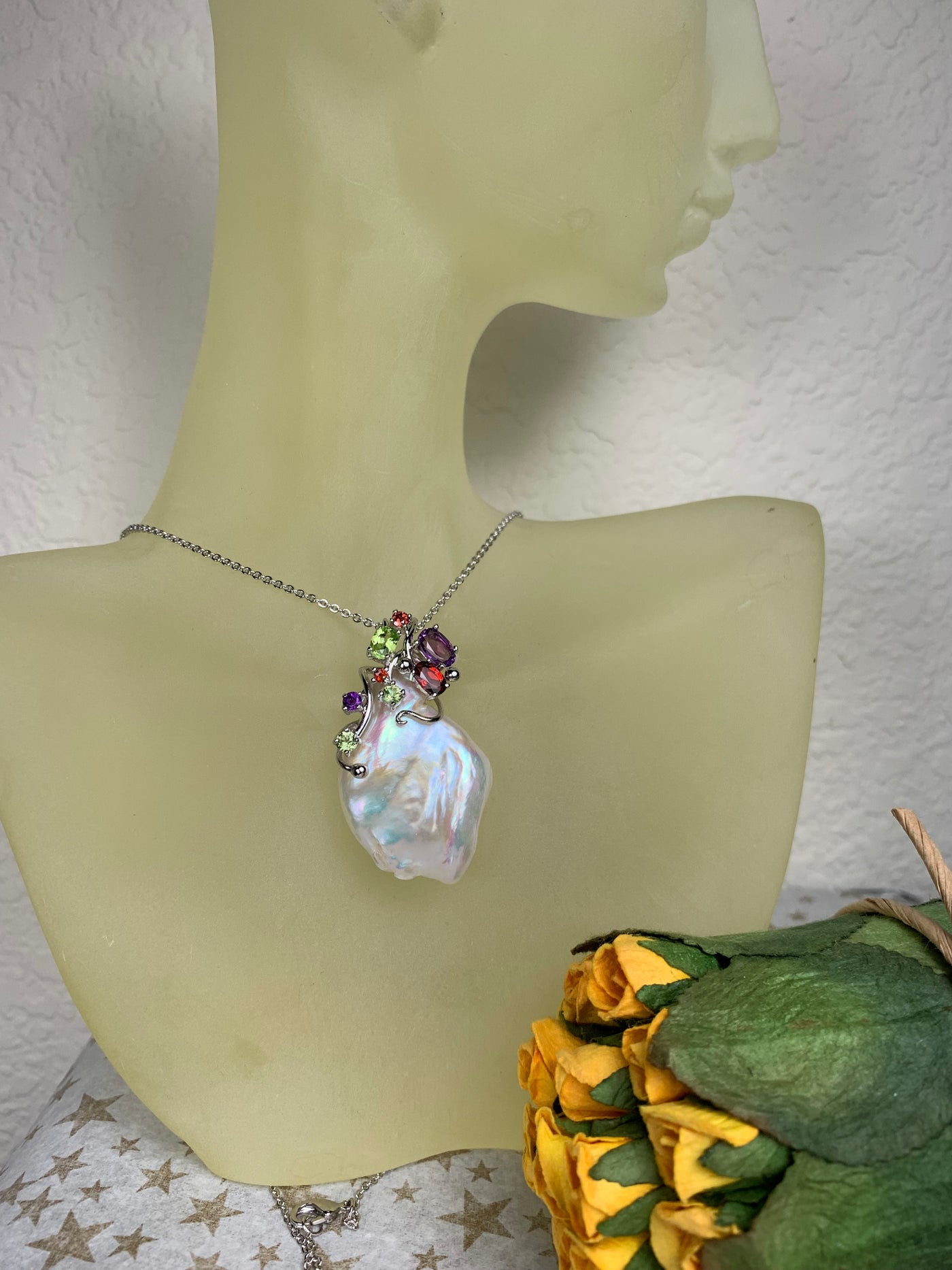 Free Form Genuine Pearl Pendant with Amethyst Garnet Peridot Accent in Silver