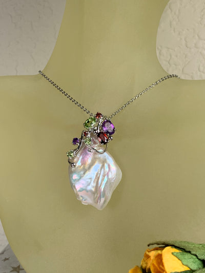 Free Form Genuine Pearl Pendant with Amethyst Garnet Peridot Accent in Silver
