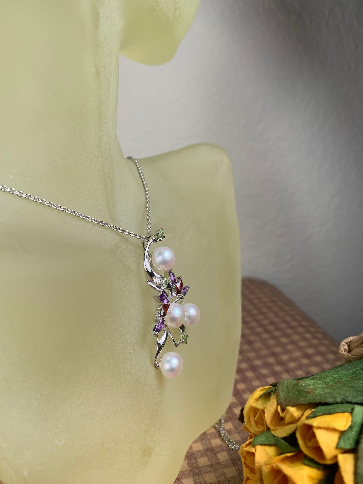 Triangular Shape Pearl Pendant with Amethyst Garnet Peridot Accent in Silver
